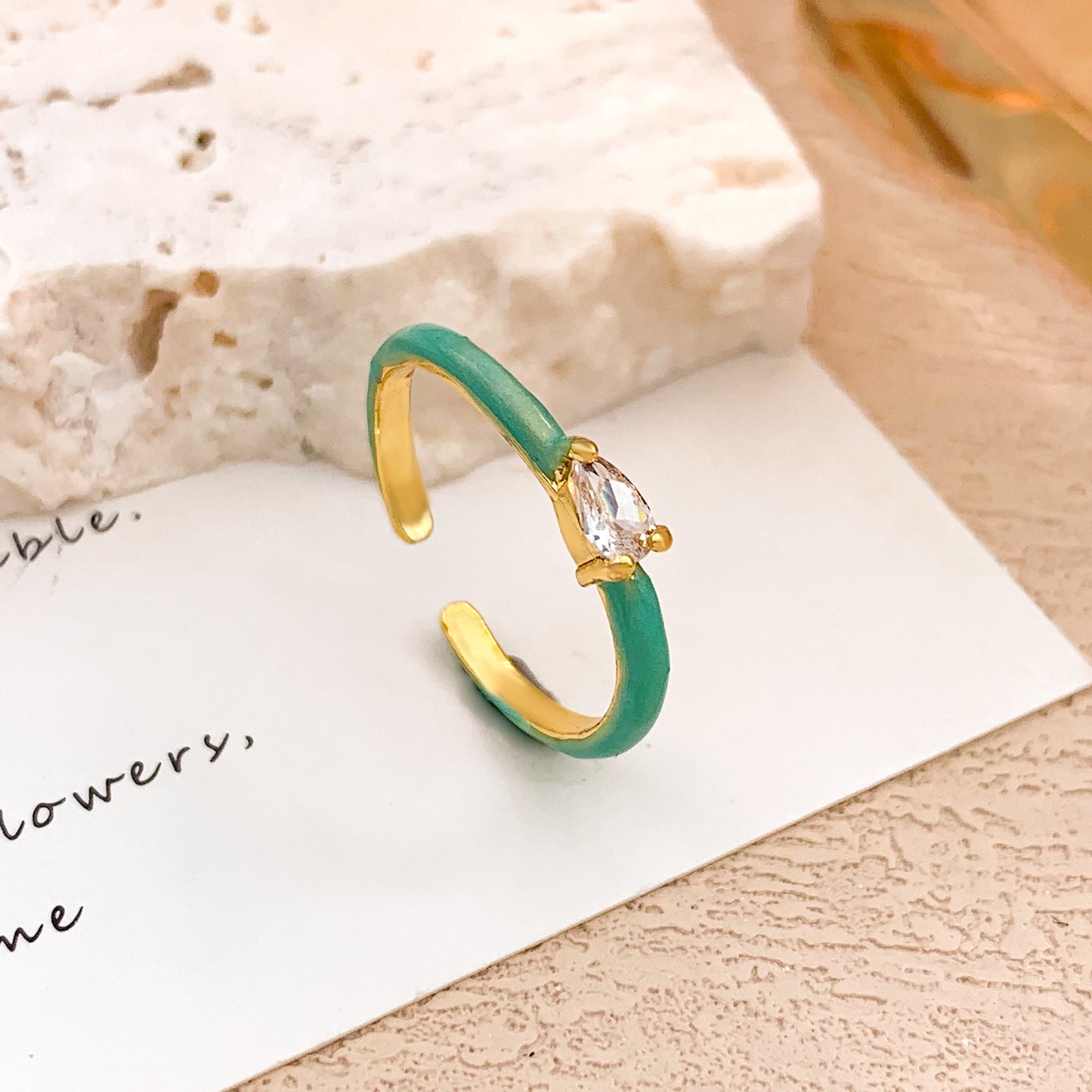 Anillo de circonita cúbica con forma de lágrima, ovalado, redondo, de lunares, geométrico, minimalista, de aleación chapada en oro para mujer