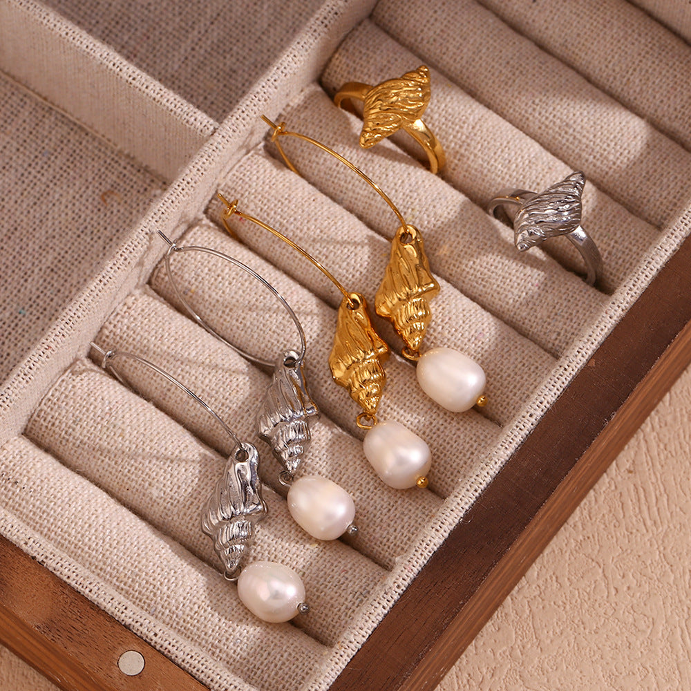 Fashionable Minimalist Geometric Abalone Shell Hoop Earrings in Stainless Steel with 18K Gold Plating and Freshwater Pearl Accents