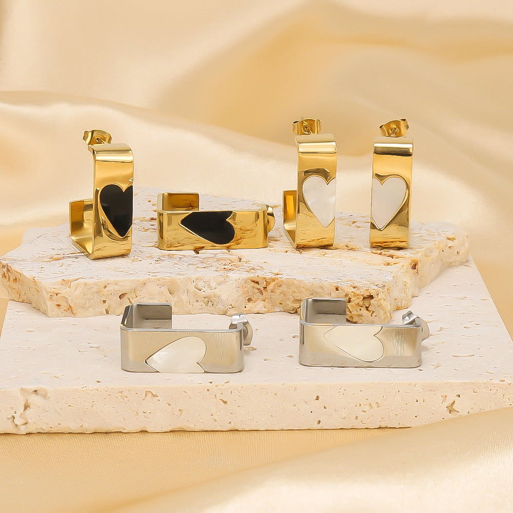 Minimalist Rectangular Stainless Steel Earrings with 18K Gold Plating and Mother-of-Pearl Inlay Heart Accent
