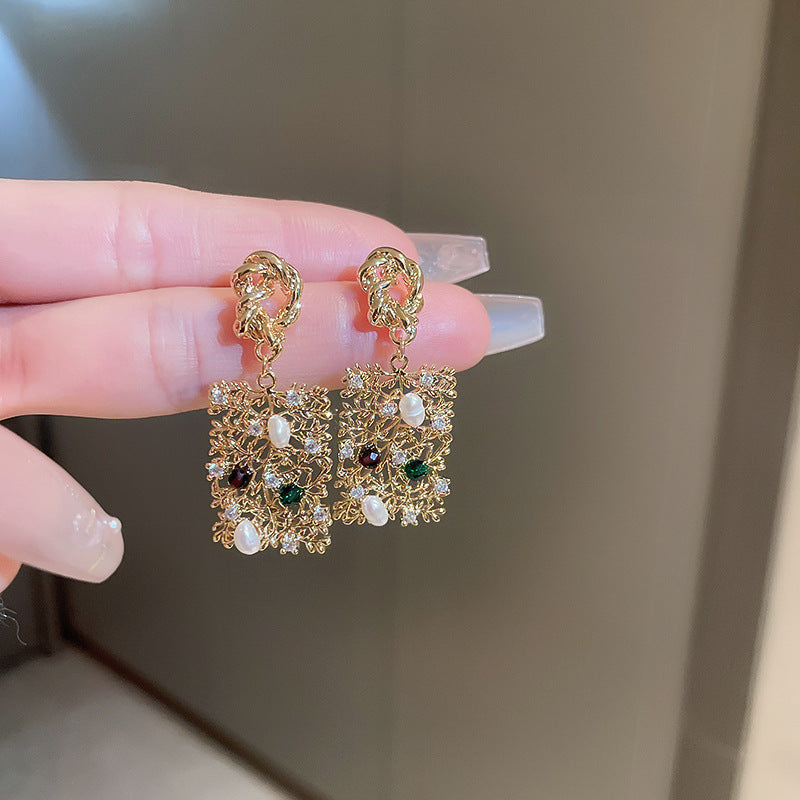 Vintage Floral and Teardrop Shaped Copper Earrings with 925 Silver Posts, Electroplated Finish, Elegant Court-Inspired Retro Ear Jewelry for Women