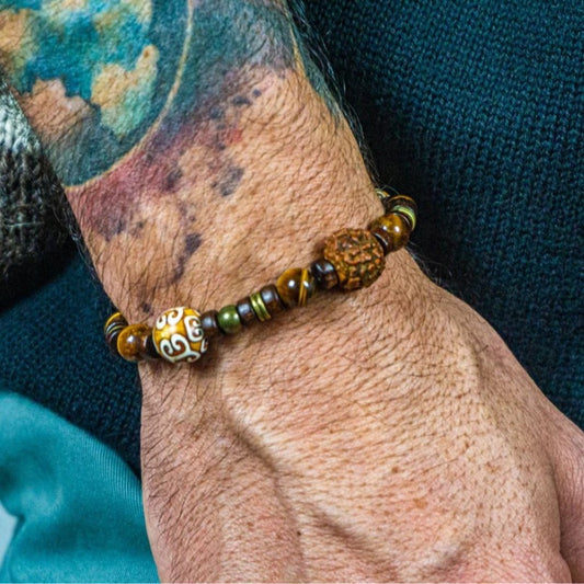 Vintage Handmade Geometric Round Wood and Alloy Beaded Bracelet for Men
