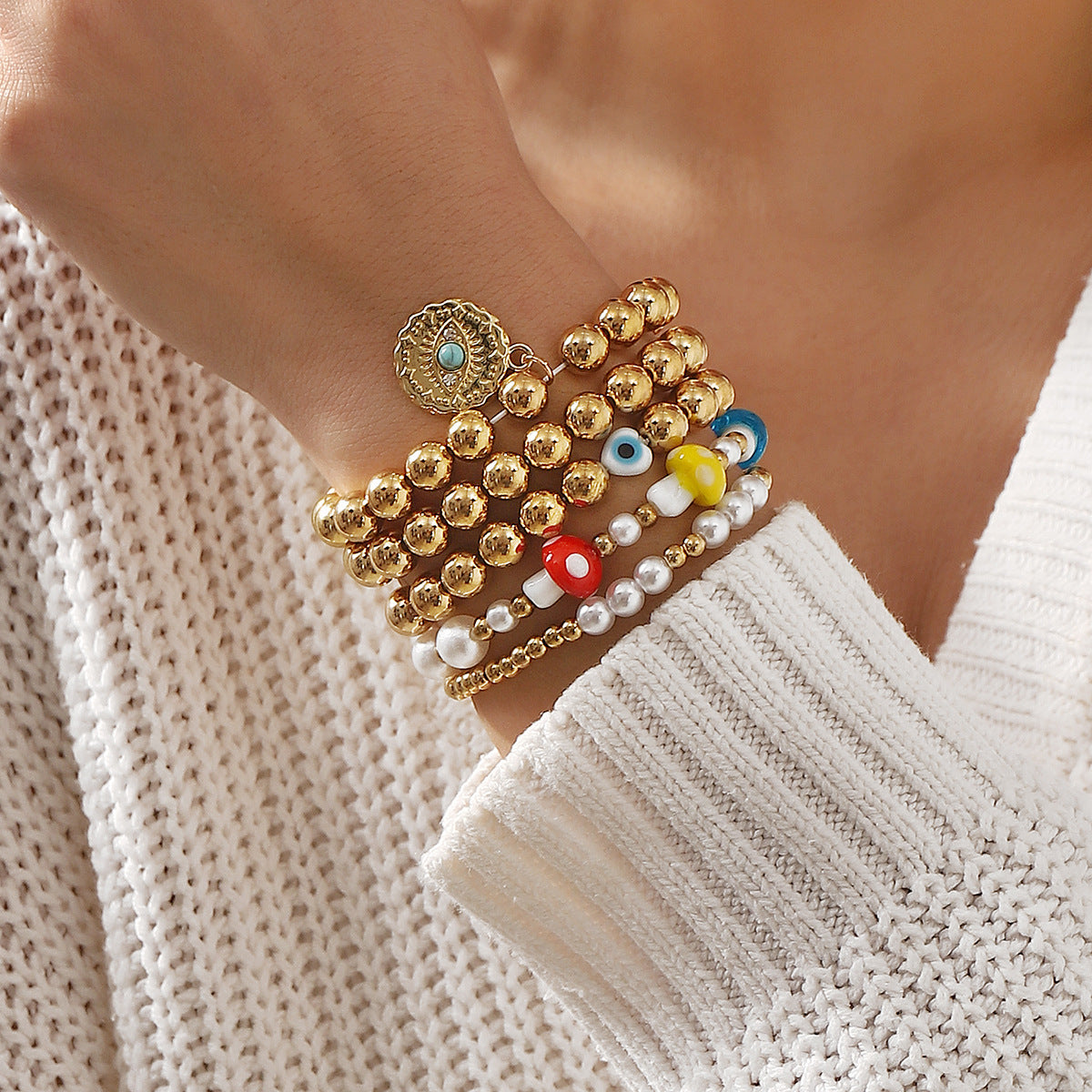 Minimalist Mushroom Eye Pendant Bracelet Set for Women with CCB Beads Alloy and Imitation Pearl Handmade Woven Design