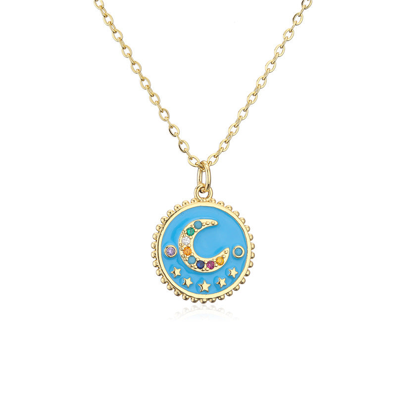 Elegant Drip Oil Moon Star Geometric Brass Inlay Necklace with Cable Chain