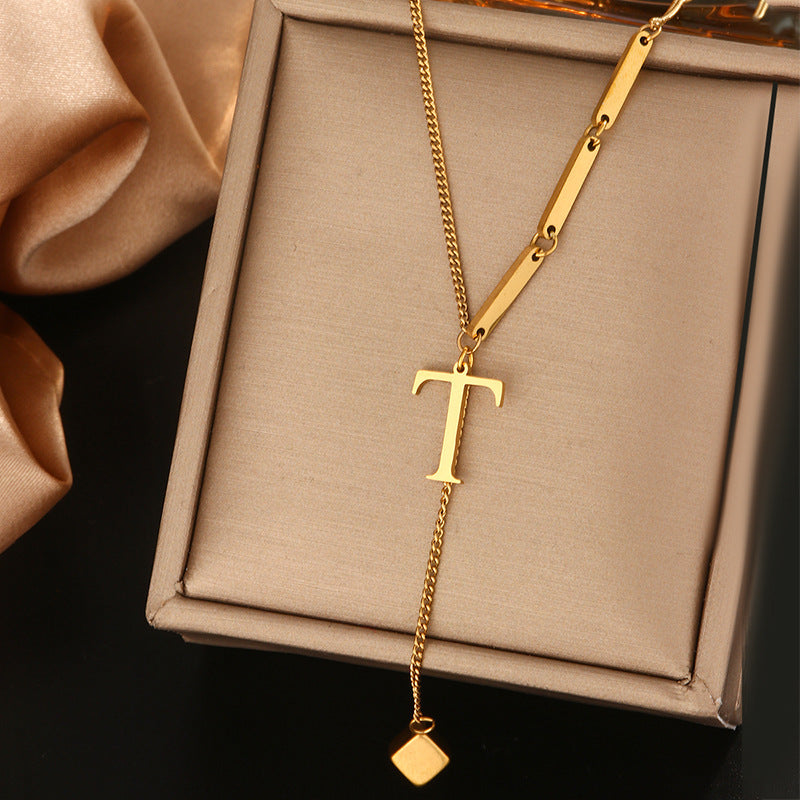 Minimalist Titanium Steel Letter Pendant Necklace with Tassel for Women