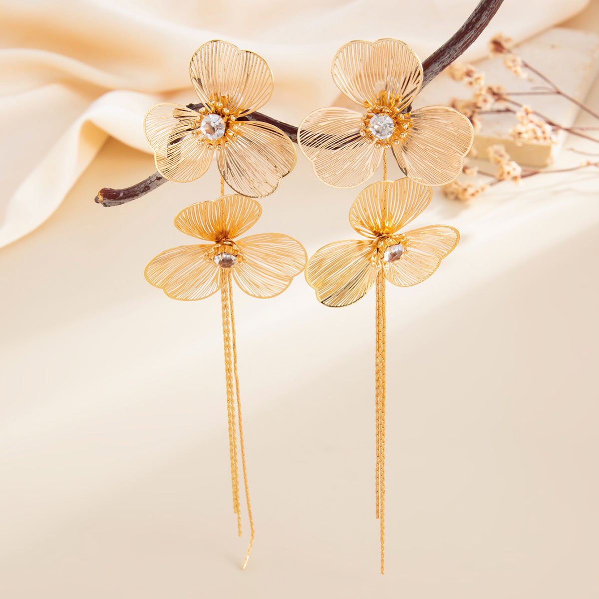 Minimalist Plated Brass Floral Plant Drop Earrings for Women