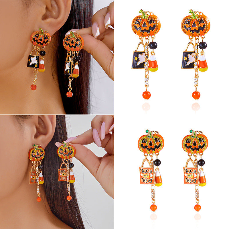 Pendientes oscuros góticos con forma de calabaza, esmalte y pedrería con postes de acero inoxidable para mujer