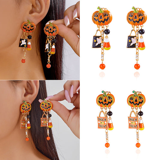Pendientes oscuros góticos con forma de calabaza, esmalte y pedrería con postes de acero inoxidable para mujer