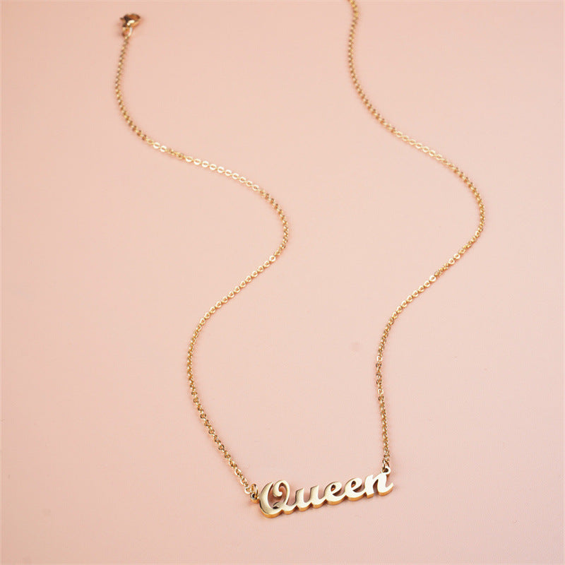 Natural Fresh and Sweet Stainless Steel Queen Letter Pendant Necklace with Plated Finish for Women