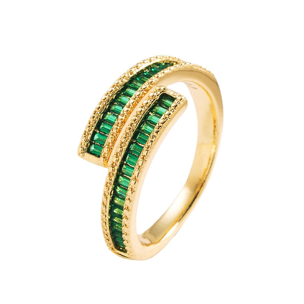 Anello Aperto Geometrico Minimalista in Rame con Placcatura Oro 18K e Intarsio Zirconi per Donna