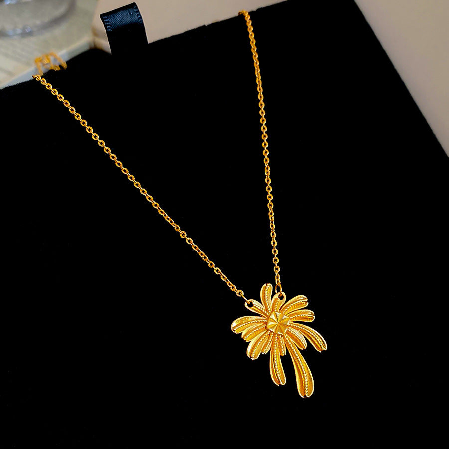 Conjunto de collar y pendientes con dije floral chapado en oro para mujer, estilo francés vintage, joyería de cobre con patrón botánico y cadena de medallón