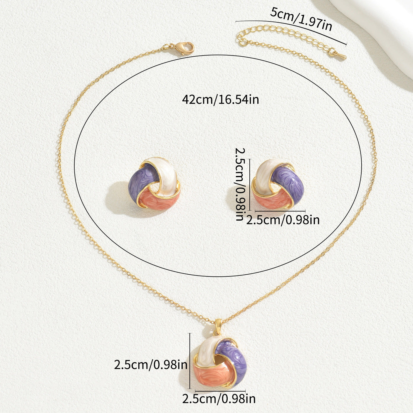 Parure di orecchini e collana geometrici in rame con smalto, dolci e di tendenza, da donna