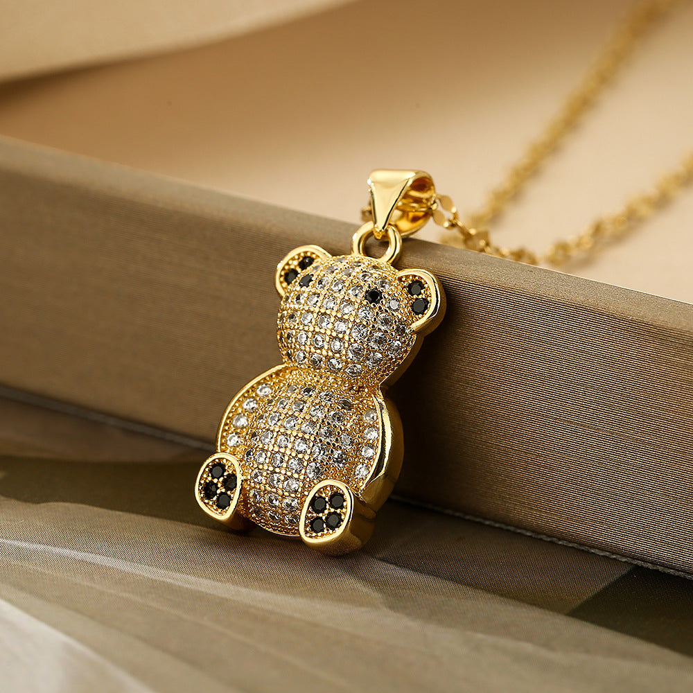 Collana con Ciondolo a Forma di Orsetto in Rame, Placcata Oro Vero e Intarsiata con Zirconi, Stile Minimalista, per Donna, Catena Clavicola