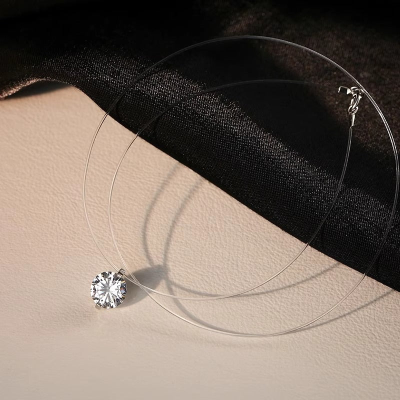 Luxury Teardrop Cubic Zirconia Pendant Necklace Brass Invisible Fish Line Choker for Women Unisex