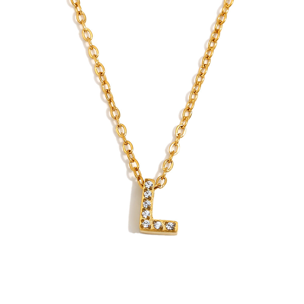 Minimalist Fashion Letter Pendant Necklace for Women Stainless Steel with 18K Gold Plating and Rhinestone Inlay