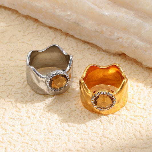 Vintage Minimalist Geometric Gold Plated Stainless Steel Ring with Yellow Rhinestone for Women