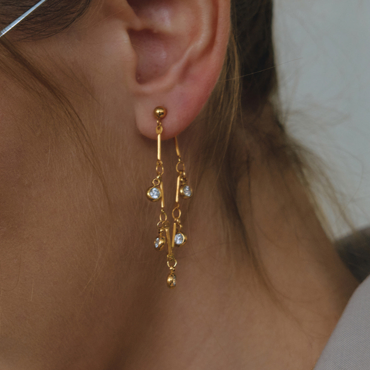 Elegant Geometric Stainless Steel Plated Cubic Zirconia Tassel Earrings for Women