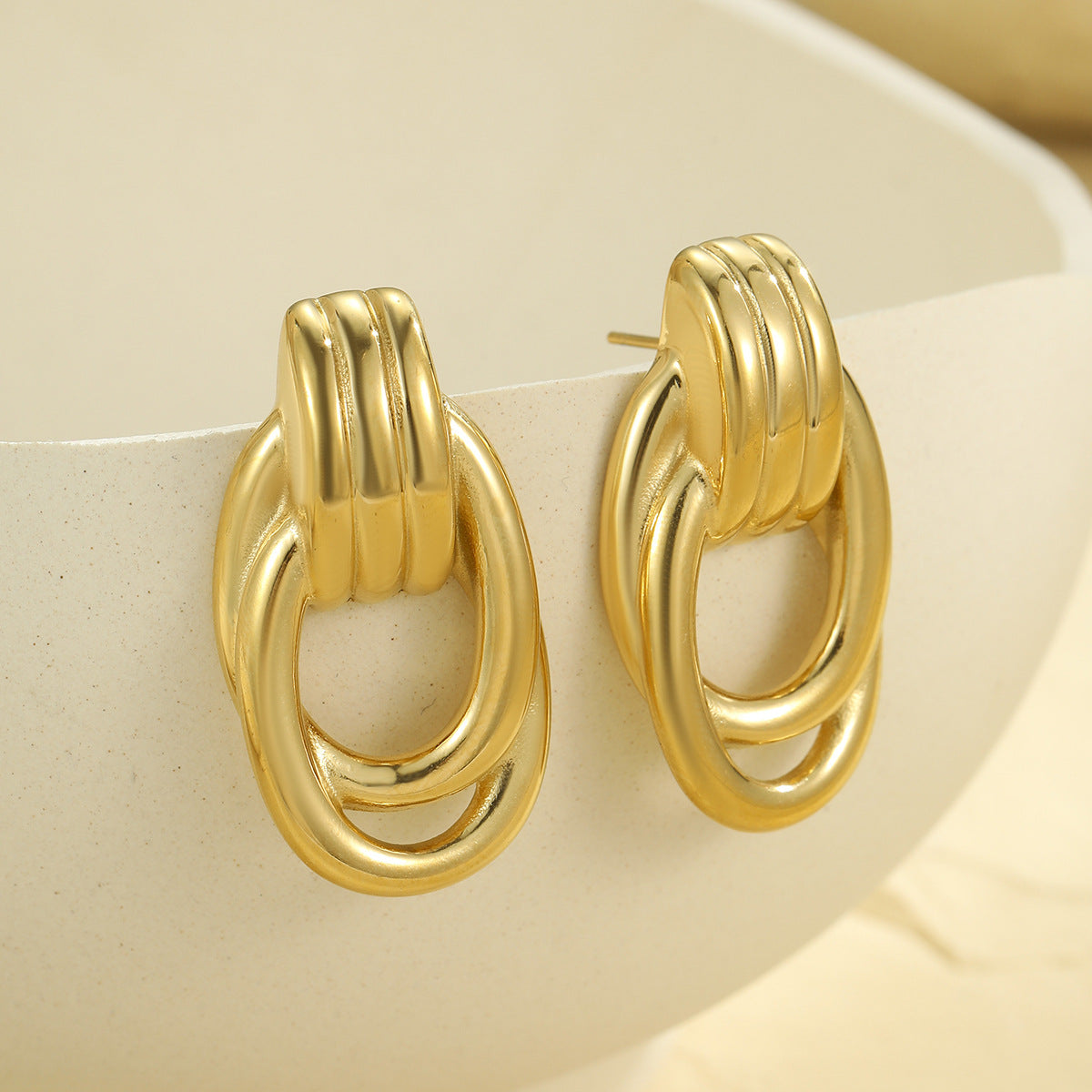 Minimalist Geometric Stainless Steel Earrings with Gold Plating and Twisted Thread Detail for Women