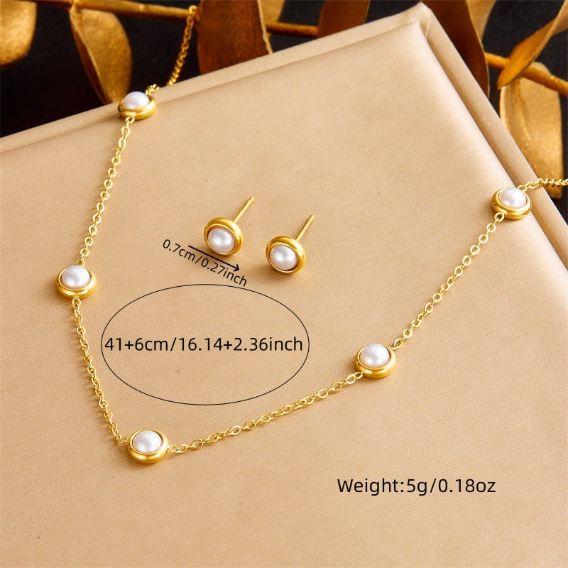 Set collana orecchini bracciale a catena a scatola in acciaio inossidabile con perle rotonde, stile vintage