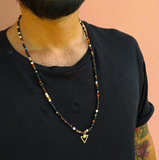 Ethnic Colorful Glass Bead Triangle Geometric Pendant Leather Alloy Necklace for Men and Women
