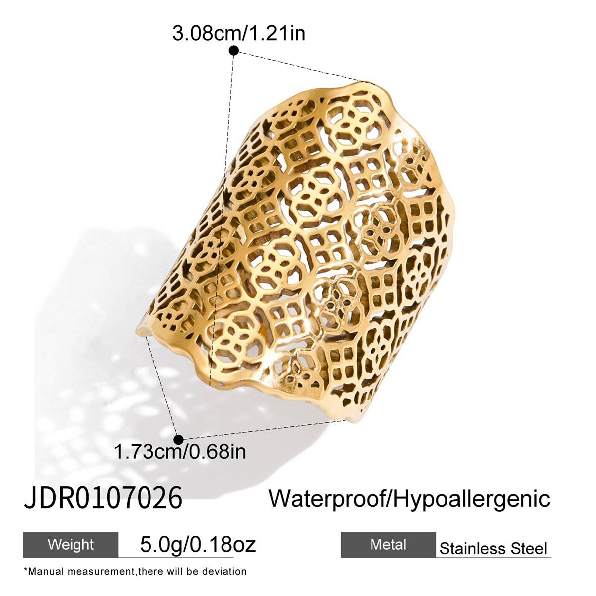 Anillo de banda ancha hueca geométrica de estilo bohemio de acero de titanio con acabado chapado para mujer