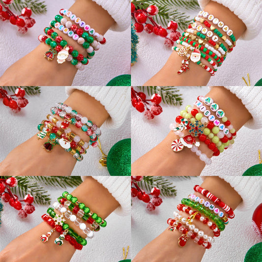 Sweet and Edgy Christmas-Themed Alloy Bracelet Set with Reindeer Snowflake Tree and Crystal Glass Beads