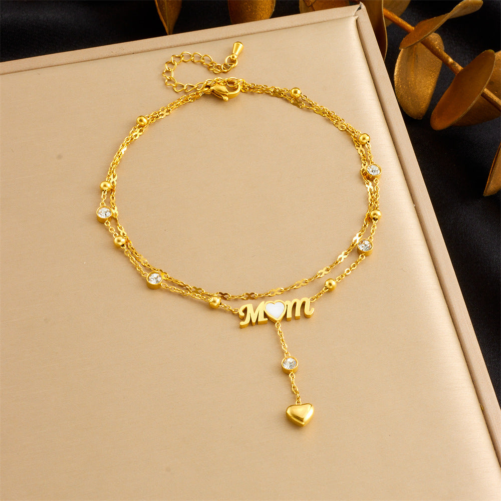 Elegant Gold Plated Stainless Steel Heart Letter Mom Rhinestone Tassel Anklet for Women
