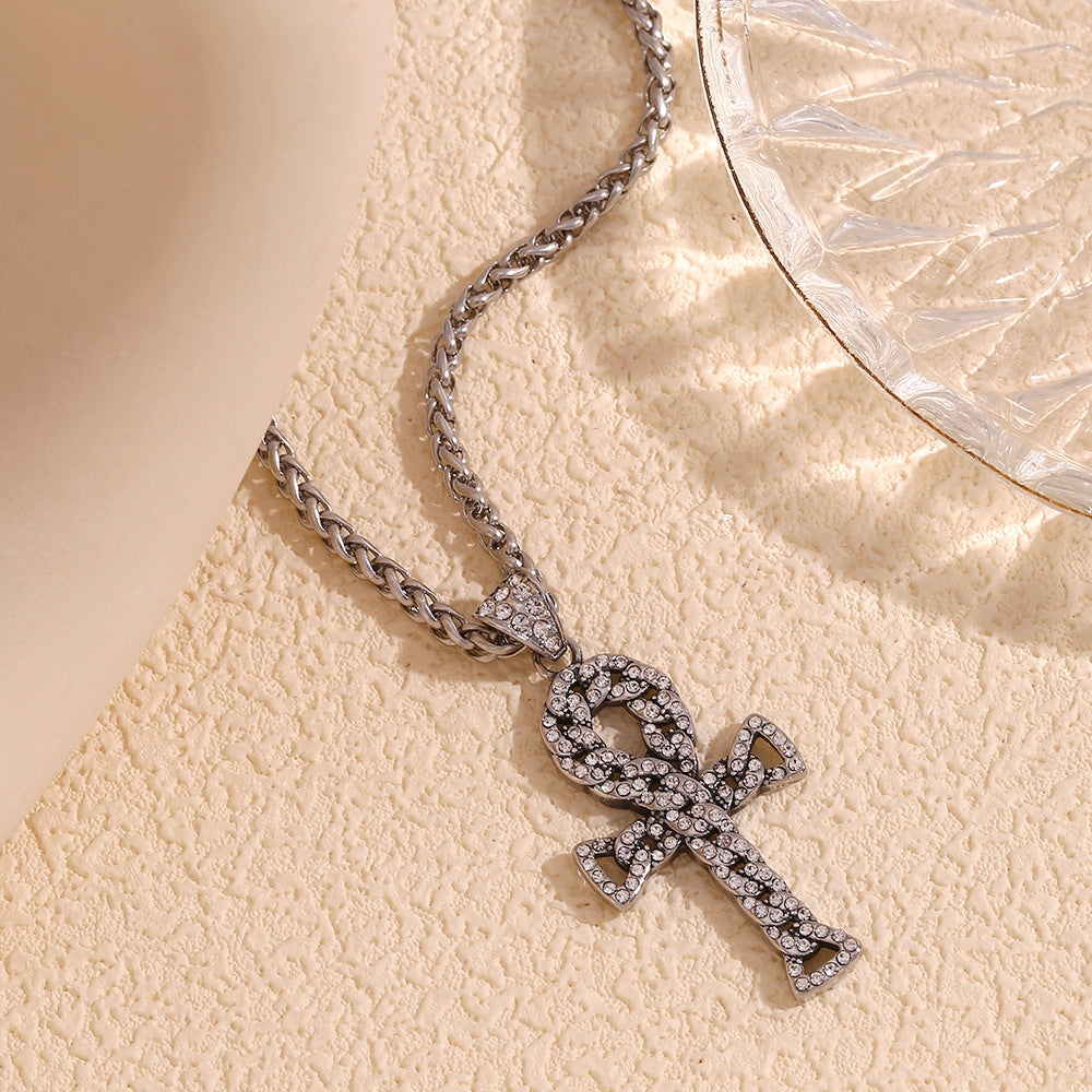 Collana con ciondolo a croce geometrica in stile retrò Hip-Hop da uomo, base in acciaio inossidabile con placcatura in oro 18 carati e intarsio completo di strass
