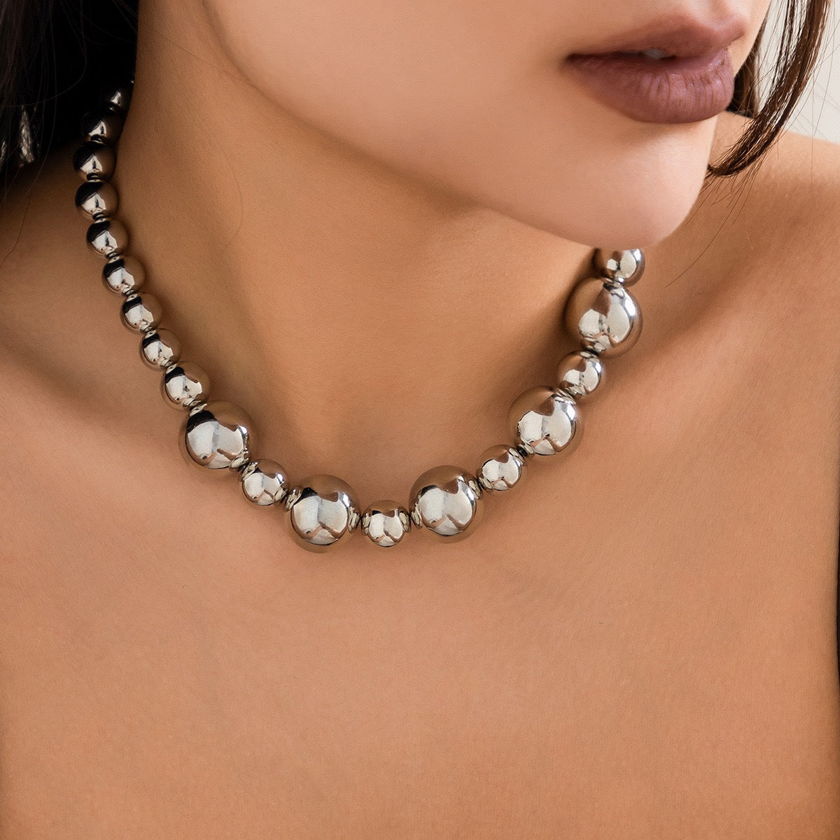 Punk Geometric Round Resin Beaded Ball Chain Necklace for Women