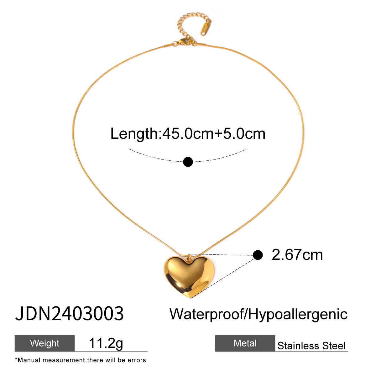 Heart Shaped Stainless Steel Plated Pendant Necklace with Snake Chain for Women