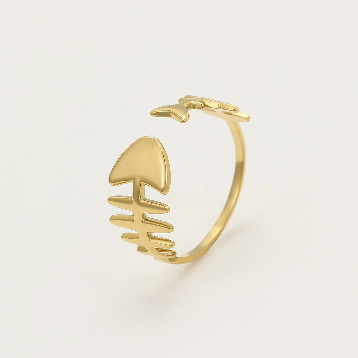 Anello da donna in acciaio inossidabile con delfino geometrico di lusso e lisca di pesce, placcato oro 18 carati, fascia aperta regolabile