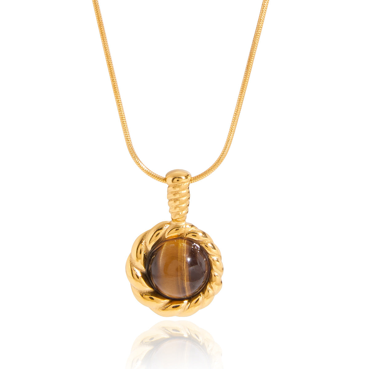 Collana Pendente Occhio di Tigre Geometrico da Donna in Acciaio al Titanio con Finitura Placcata e Catena a Collana in Acciaio Inossidabile