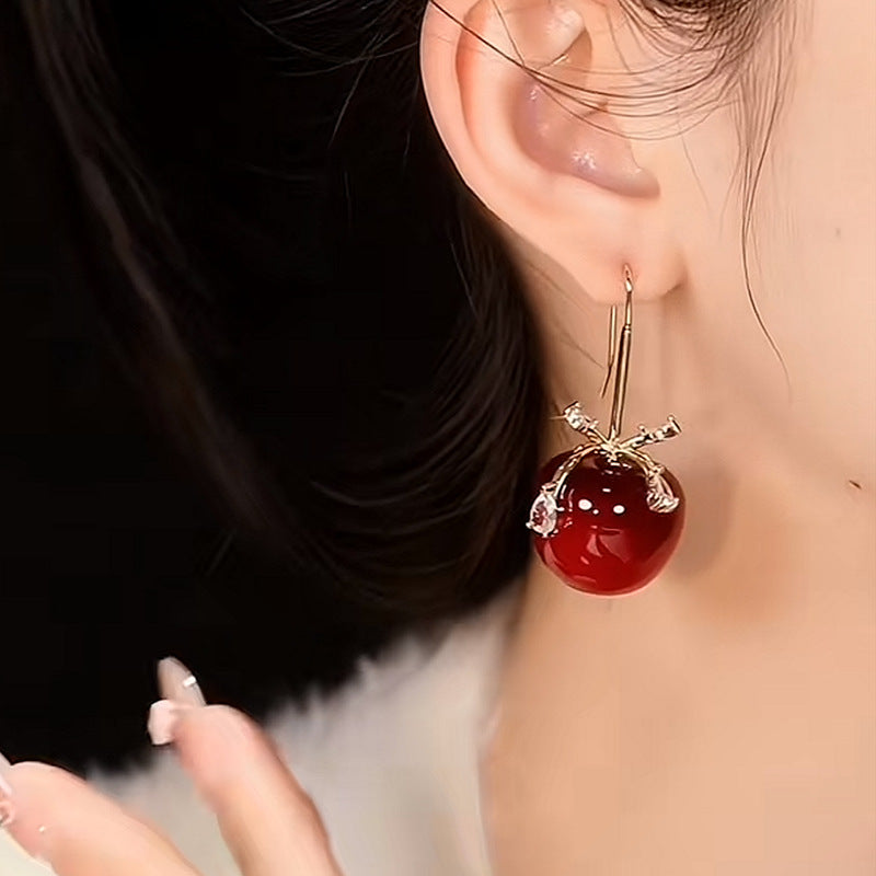 Chic Apple Bow Resin Earrings with Zircon Inlay for Women Lightweight Everyday Fashion Ear Hooks