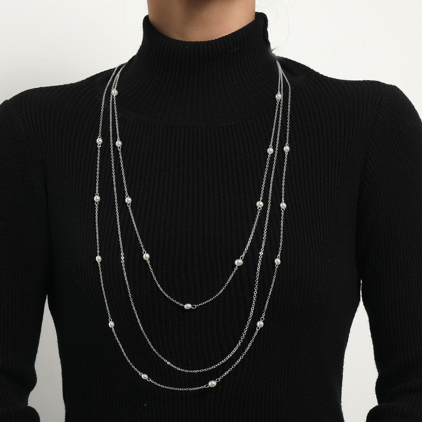 Long Elegant Layered Pearl-Style Necklace for Women Geometric Pendant Necklace
