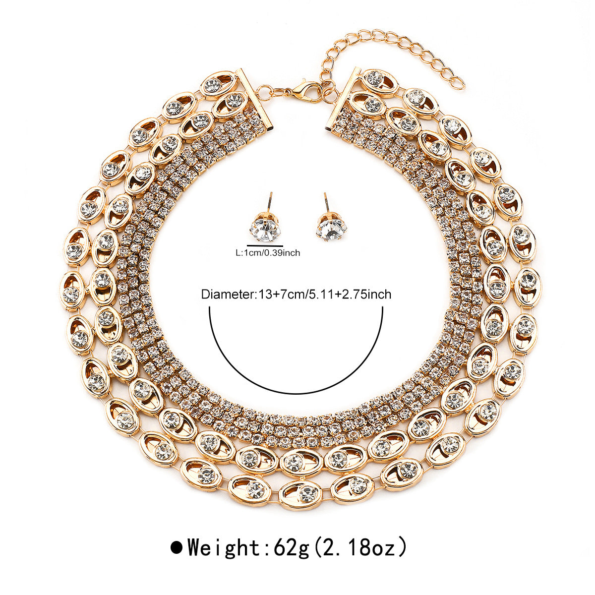 Parure di collana con ciondolo geometrico di lusso da donna, con intarsio di strass, base in ferro con accenti di perle simulate, modello a catena clavicola