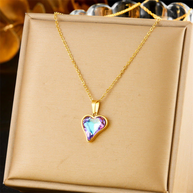 Fashion Office Chic Plated Stainless Steel Heart Pendant Necklace and Earrings Set with Rhinestone Accents