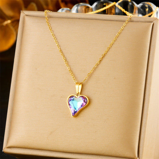 Fashion Office Chic Plated Stainless Steel Heart Pendant Necklace and Earrings Set with Rhinestone Accents