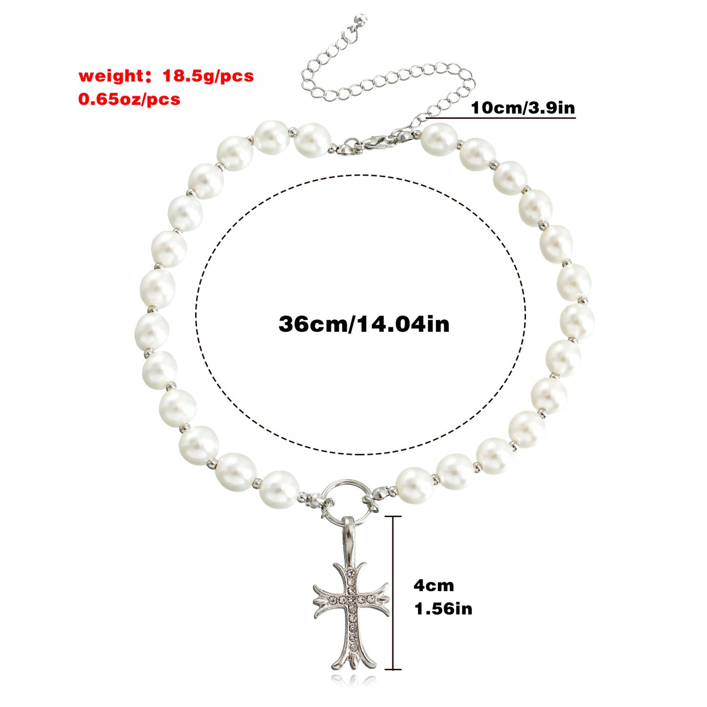 Geometric Cross Pendant Necklace with Rhinestone Inlay and Pearl Chain in Alloy, Plated Finish, Women's Clavicle Chain