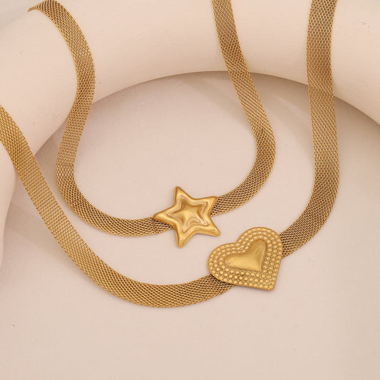 Bold French Mesh Heart and Star Pendant Necklace in Titanium Steel with Plated Finish for Women