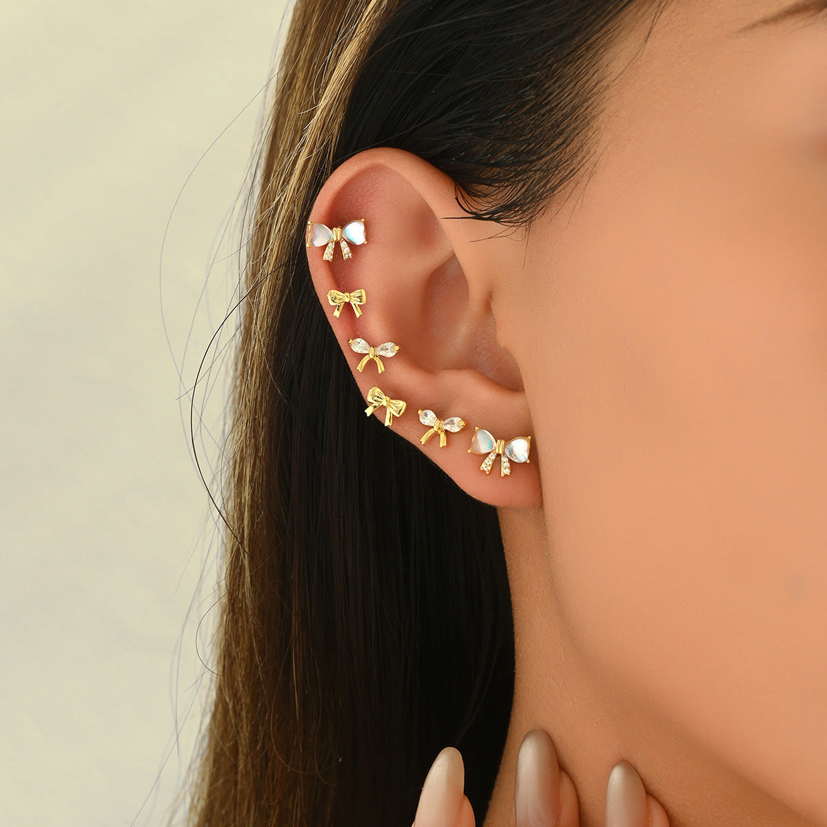 Chic Bow-Knot Shaped Zirconia Inlaid Copper Earrings Set for Women with Geometric Design and Fresh Sweet Style