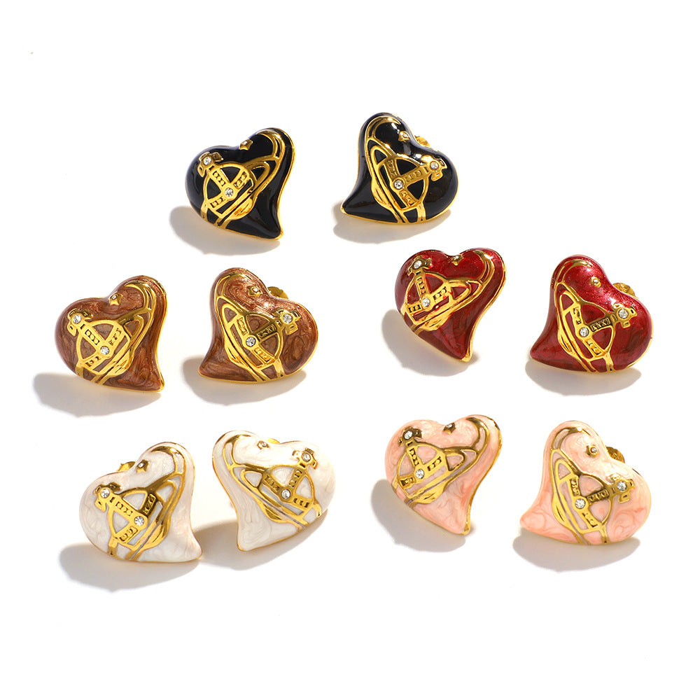 Minimalist Heart-Shaped Stainless Steel Stud Earrings with 18K Gold Plating and Rhinestone Inlay for Women