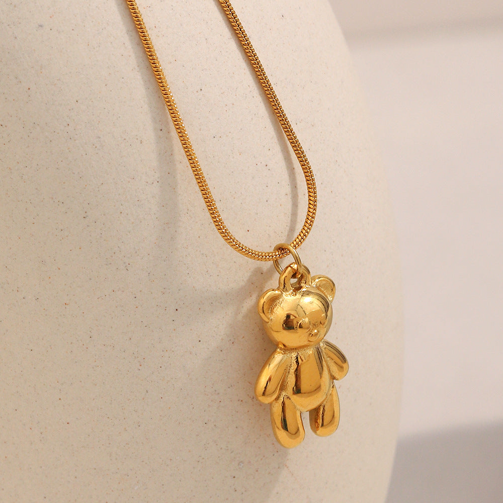 Fashionable Bear Pendant Necklace for Women Stainless Steel with 18K Gold Plating on Delicate Snake Chain