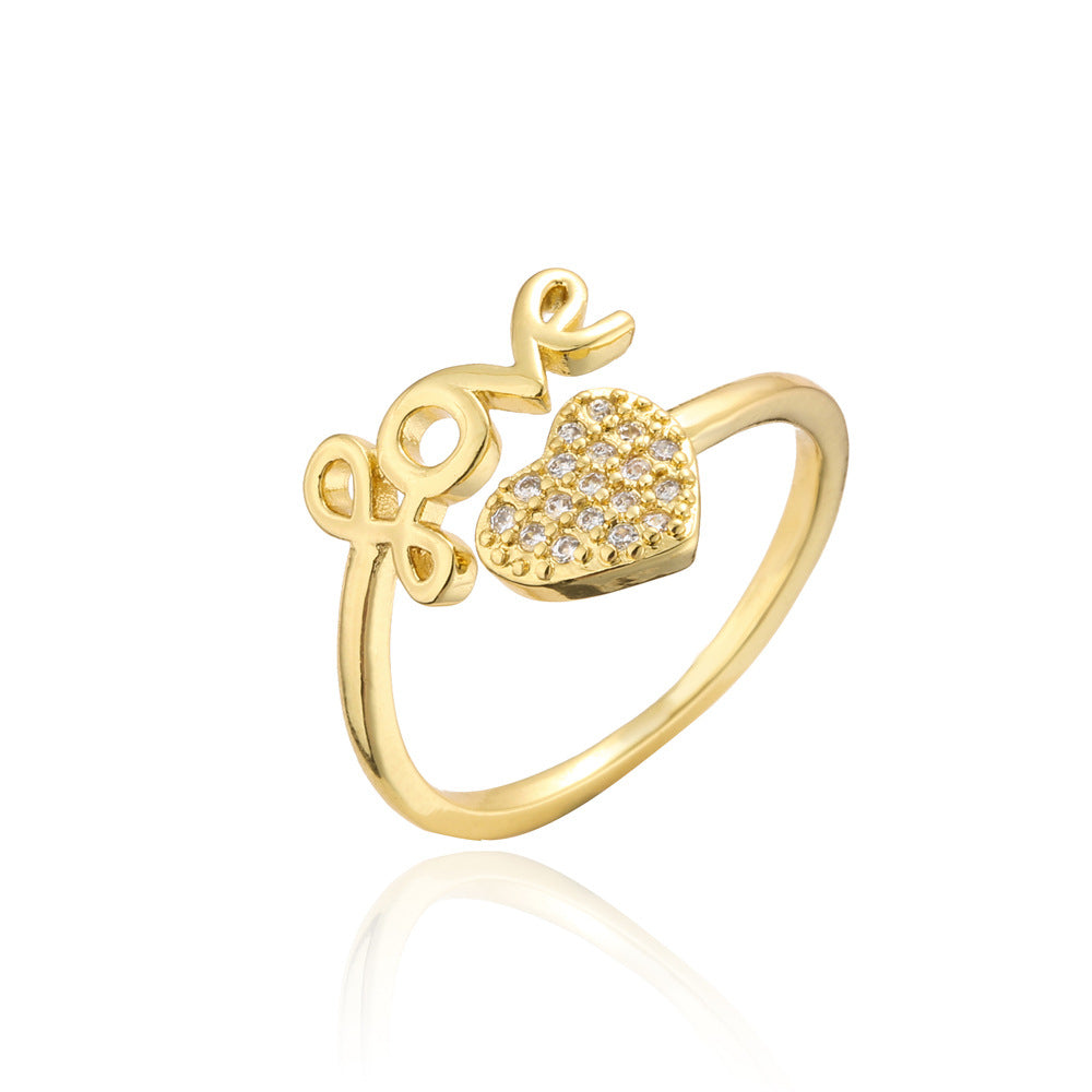 Elegant 18K Gold Plated Heart Geometric Brass Ring with Micro-Inlaid Cubic Zirconia for Women
