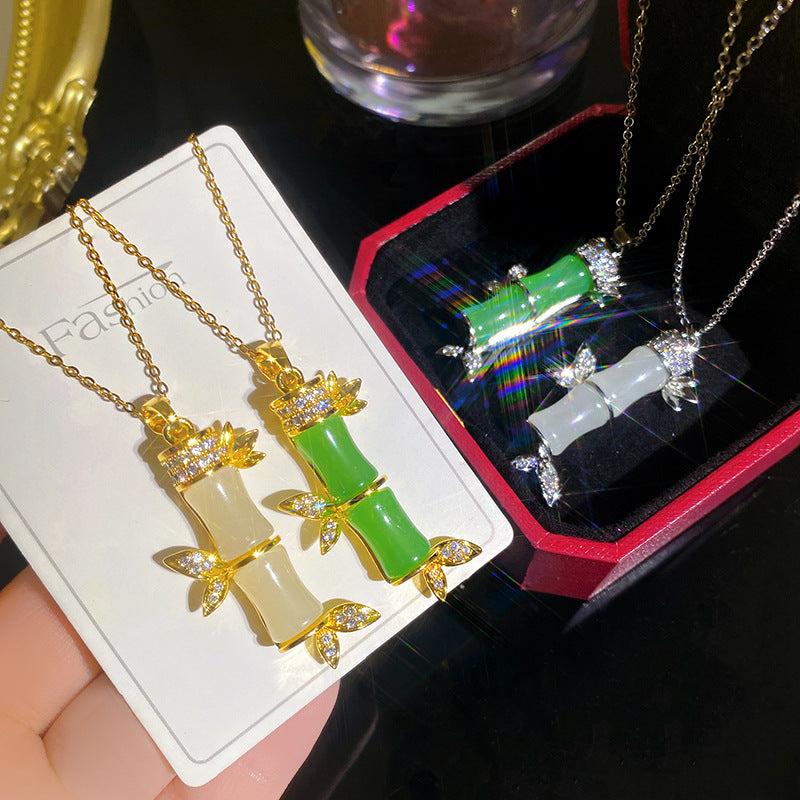 Minimalist Sweet Sporty Full Cubic Zirconia Bamboo Heart Titanium Steel Plated Necklace with Brass Pendant Cable Chain Unisex