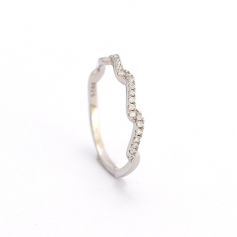 Minimalist Geometric Wave-Textured S925 Sterling Silver Ring for Women with Rhinestone Inlay, Stackable Index Finger Band