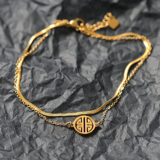 Tobillera minimalista de moneda de la suerte para mujer con cadena de serpiente plana geométrica bañada en oro de acero de titanio