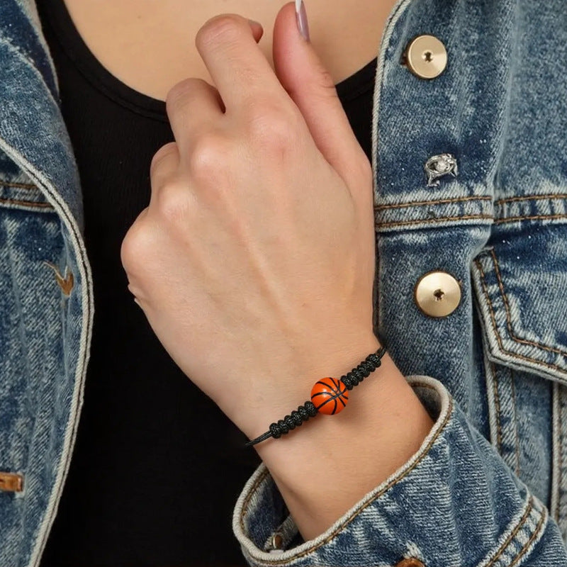 Sporty Handmade Braided Wax Cord Bracelet with Basketball Football Baseball Charms Adjustable Unisex DIY Charm Bar