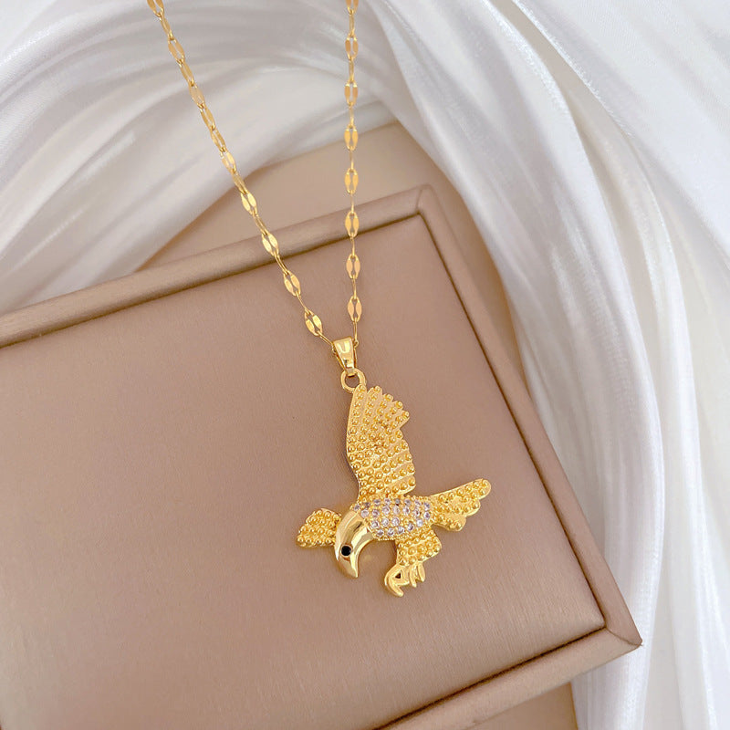 Sweet Elegant Geometric Eagle Pendant Rhinestone Plated Titanium Steel Necklace for Unisex