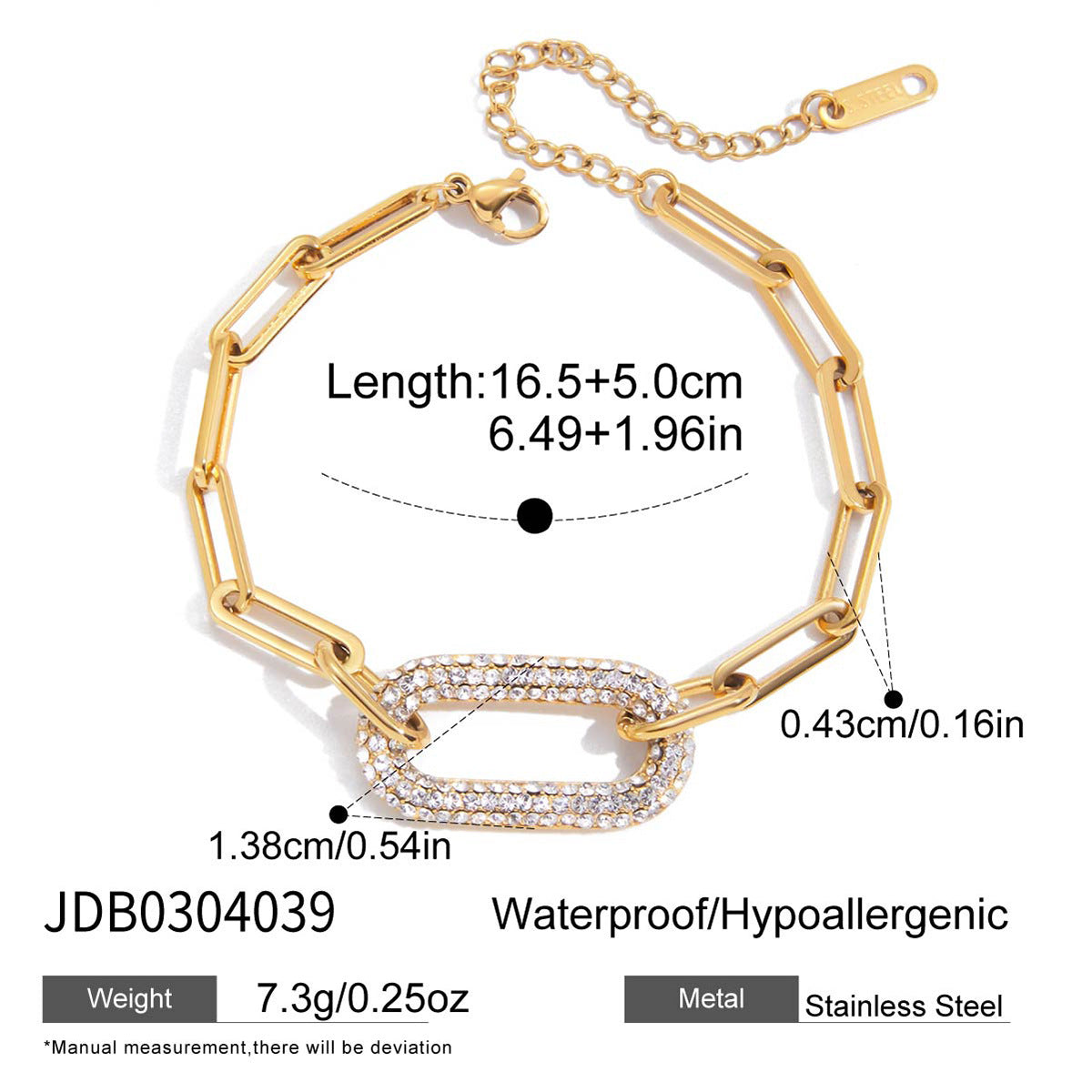 Bracciale geometrico placcato in acciaio inossidabile con zirconi bianchi da donna, gioiello a mano lussuoso e minimalista