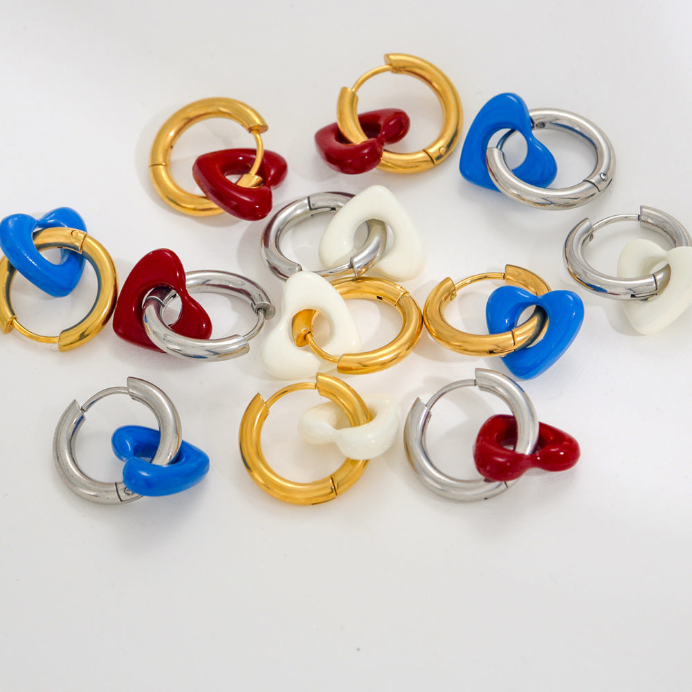 Orecchini a Cuore Minimalisti in Acciaio Inossidabile Stile Francese, con Smalto Dipinto a Mano e Placcatura in Oro 18K da Donna