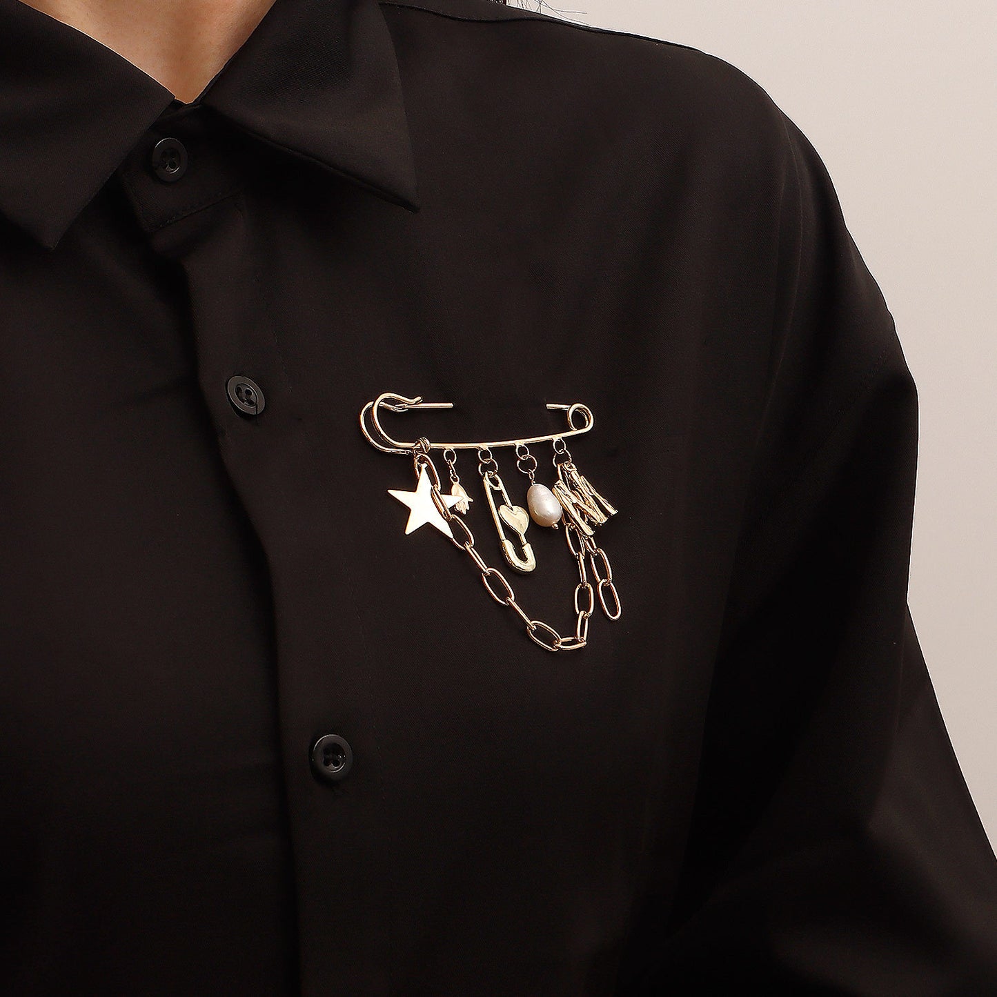 Geometric Star and Letter M Pendant Brooch with Tassel Detail in Alloy with Plated Finish for Women